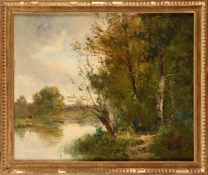null Alphonse LEVY (1843-1918) Pêcheurs à la rivière Huile sur toile Signé en bas...