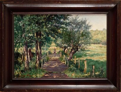 null Jacinthe POZIER (1844-1915) Paysanne sur chemin en forêt Huile sur toile Signé...