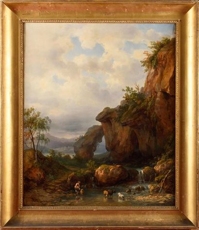 null Théodore RICHARD (1782-1859) Paysage animé avec berger et son troupeau Huile...