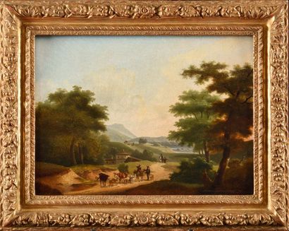null Entourage de Lazare BRUANDET (1755-1804) Paysage animé aux paysans Huile sur...