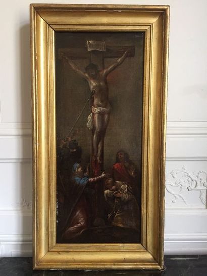 null ECOLE ITALIENNE DU XVIIème siècle La Cruci?xion. Huile sur toile (rentoilée)...