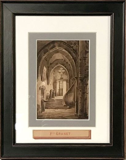 null François-Marius GRANET (1775-1849) Intérieur de Monastère Lavis et encre brune...