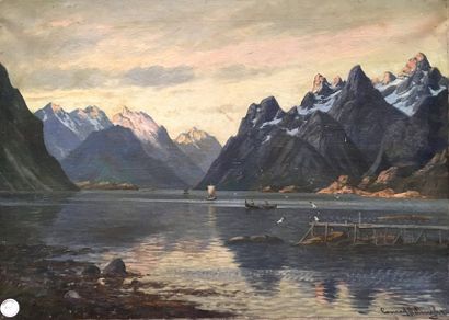 null Conras Hans SELMYHR (1877-1944) Boten in een fjord Huile sur toile (enfoncement)...