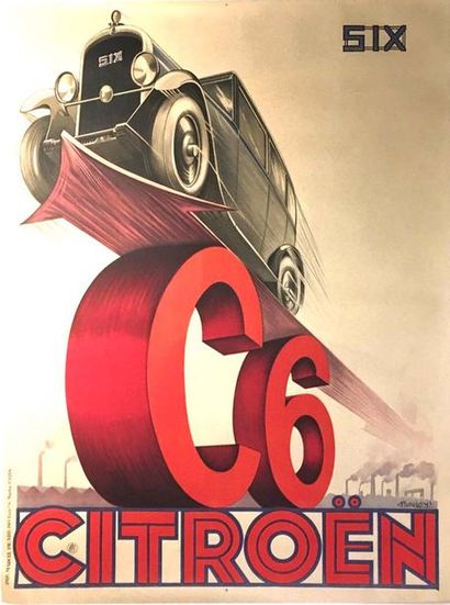  Pierre Eugène LOUŸS ( 1894 - 1976) 
Citroën C6 
Affiche lithographique promotionelle...