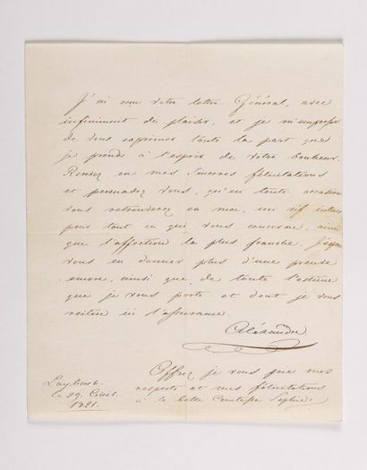 null ALEXANDRE Ier DE RUSSIE. Lettre autographe signée [au comte Eugène de Ségur]....