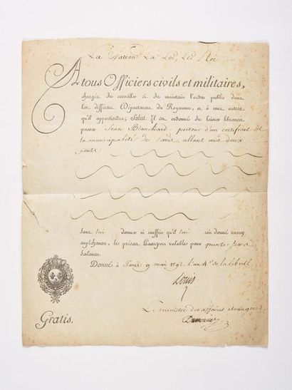 null DUMOURIEZ (Charles-François). – LOUIS XVI. Pièce signée (secrétaire), contresignée...