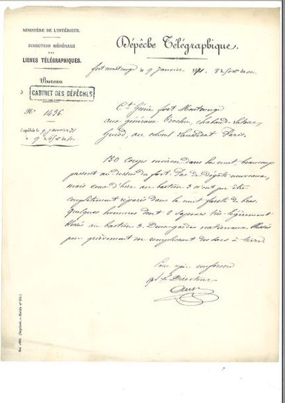 null DÉPÊCHE TÉLÉGRAPHIQUE. Pièce de l’offi cier commandant le Génie au fort de Montrouge,...