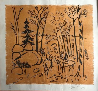 null YVES BRAYER (1907-1990) Cavaliers dans la forêt de Fontainebleau. Lithographie...