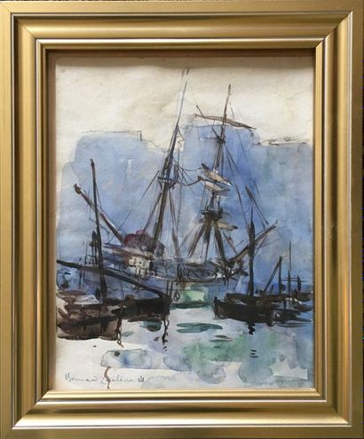 null BERNARD LACHEVRE (1885-1950) Voiliers au port Trois aquarelles Signées en bas...