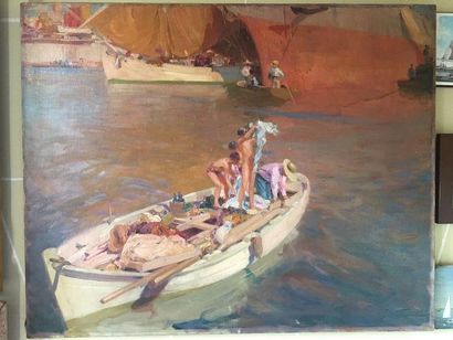 null JACQUES MARIE OMER CAMOREYT (Né en 1871) La barque Huile sur toile Signée en...