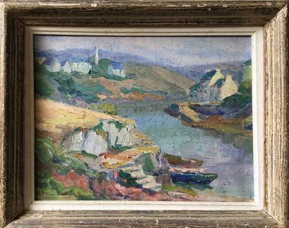 null MARY PIRIOU (1881-1956) Bazin, Vue de Pont-Aven Huile sur toile Signée en bas...