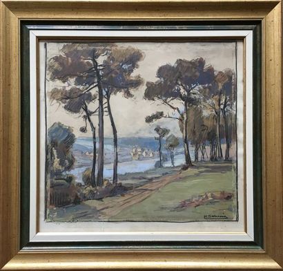 null Henri Alphonse BARNOIN (1882-1940) Paysage aux arbres Gouache et crayon Signé...