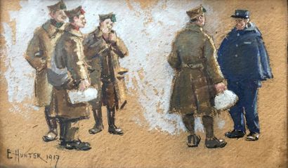 null Ecole du XXe Conversation entre soldats Gouache Signé Hunter et daté 1917 15...