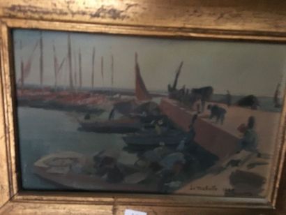 null Ensemble de sept huiles sur panneaux représentant des marines et paysages.
