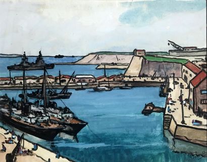 null GASTON BALANDE (1880-1971) Vue de port Aquarelle et gouache sur papier Signée...