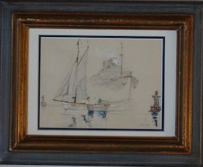 null MARIN-MARIE (1901-1987) Bateaux rentrants au port Aquarelle gouachée Signée...