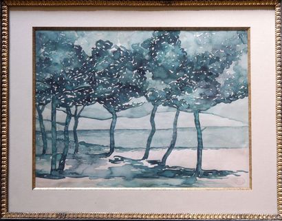 null Henri Edmond CROSS (1856-1910) Arbres en bord de mer Aquarelle Cachet de l’artiste...