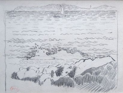 null Henri Edmond CROSS (1856-1910) Bateaux au large des côtes Crayon noir Cachet...