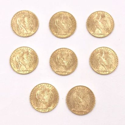 null HUIT PIECES 

en or de 20 Francs dont deux de 1908, trois de 1910, deux de 1911...