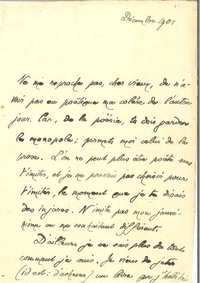 null GIDE (André). Lettre autographe signée au poète Francis Jammes. S.l., décembre...