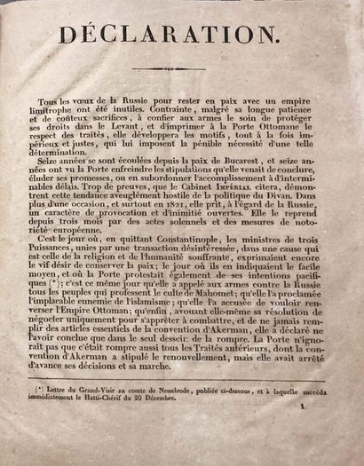 null Déclaration de guerre russo-turque de 1828-1829. 

En français, 16 pp., 26 x...
