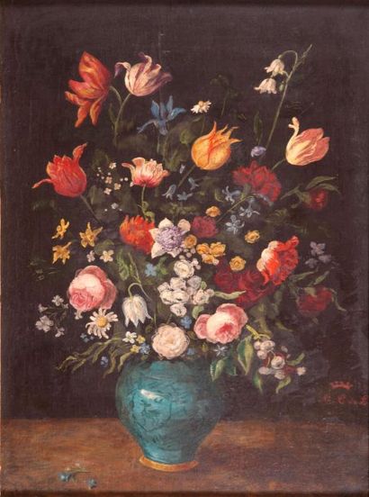 École FRANÇAISE de la fin du XIXe siècle Vase de fleurs Huile sur panneau, signée...