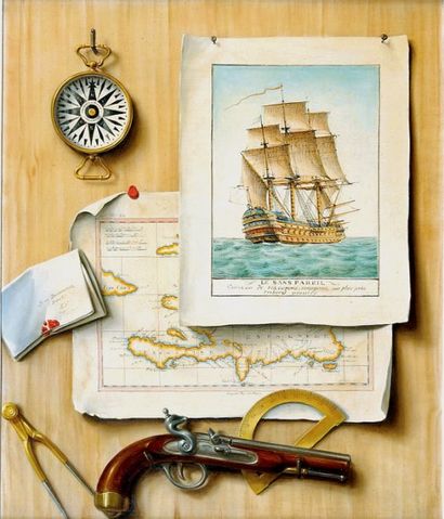 BEAUCARNOT Jean (XXe siècle) Trompe-l'oeil aux cartes marines Huile sur toile signée...