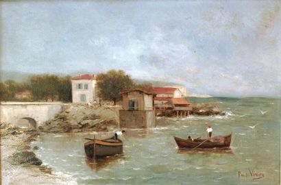 VIVIEN Paul (vers 1880-1890) Les barques près de la côte Huile sur toile signée en...