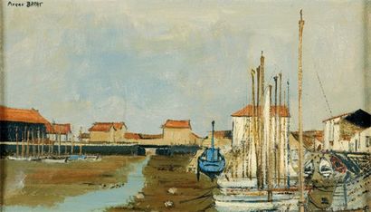 BARAT Pierre (XXe siècle) Le port d'Honfleur à marée basse Huile sur toile signée...
