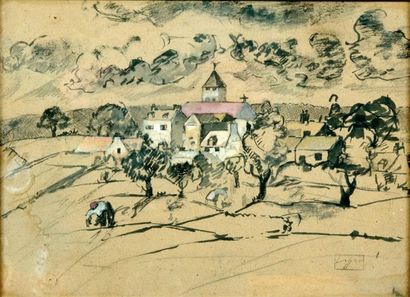 LAGAR Celso (1891-1966) Le petit village Lavis d'encre de Chine et aquarelle sur...