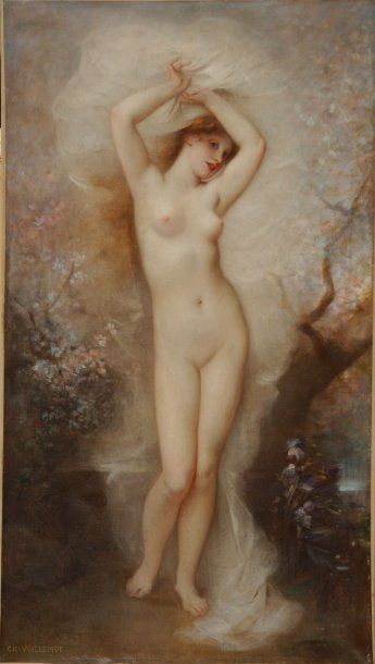 VOILLEMOT Charles (1823-1893) Jeune femme nue, allégorie Huile sur toile signée en...