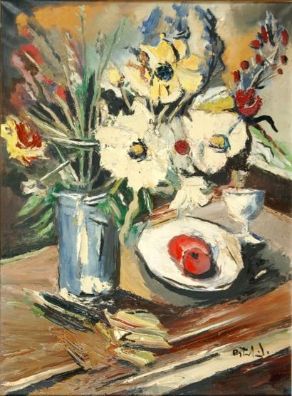 OSTERLIND Anders (1887-1960) Nature morte aux fleurs et aux pommes Huile sur toile...