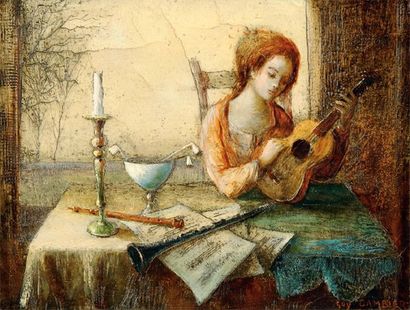 CAMBIER Guy (École française du XXe siècle) Jeune femme à la guitare Huile sur toile...