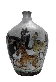 VIEUX MOULIN Important vase pansu à décor en léger relief d'une frise de chevaux...