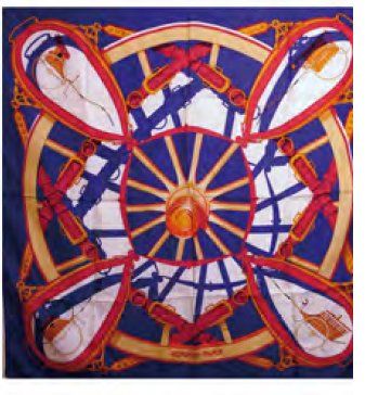 HERMES Carré de soie imprimée multicolore à décor de roues, fond bleu France, BE...