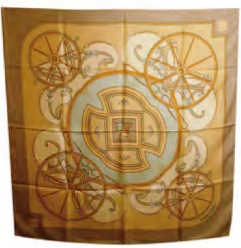 HERMES Carré de soie imprimée multicolore ''Washington's carriage'', bord ocre, ...