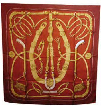 HERMES Carré de soie imprimée multicolore ''Gaucho'', fond rouge Hermès, bord bordeaux,...