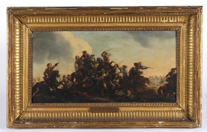 null École italienne vers 1700, suiveur de Jacques COURTOIS.
Choc de cavalerie.
Toile...