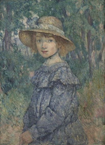 null Gustave René PIERRE (Verdun, 1875 - Paris, 1939).
Fillette au chapeau en forêt.
Huile...