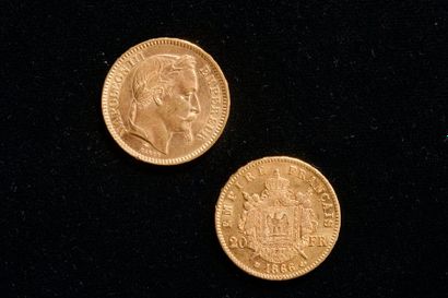 null *Deux pièces en or jaune 22K de 20 francs français datées 1866.

Poids : 12,8...