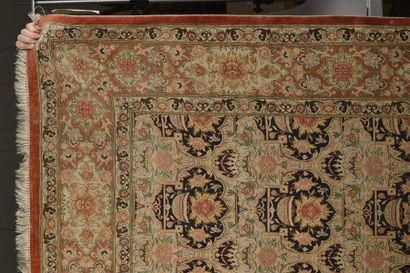 null Thin silk Ghoum carpet, the field decorated with floral vases in lobed medallions....