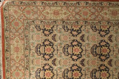 null Thin silk Ghoum carpet, the field decorated with floral vases in lobed medallions....