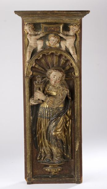 null Pair of wooden panels carved in high relief, polychromed and gilded representing...