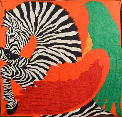 null HERMÈS.
Châle en cachemire et soie modèle "Zebra Pegasus "à décor polychrome...