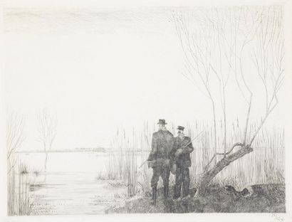 null Jean-Émile LABOUREUR (1877-1943).
Les chasseurs de canards.
Eau-forte monogrammée...