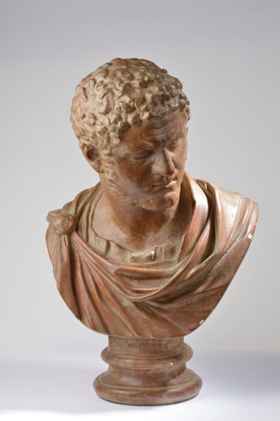 null Buste de l'empereur romain Caracalla en plâtre patiné brun (petits chocs). 
Travail...