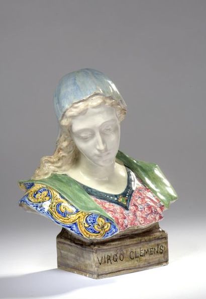 null Angelo MINGHETTI (1822-1885).
Buste de la Vierge en céramique émaillée en polychromie,...