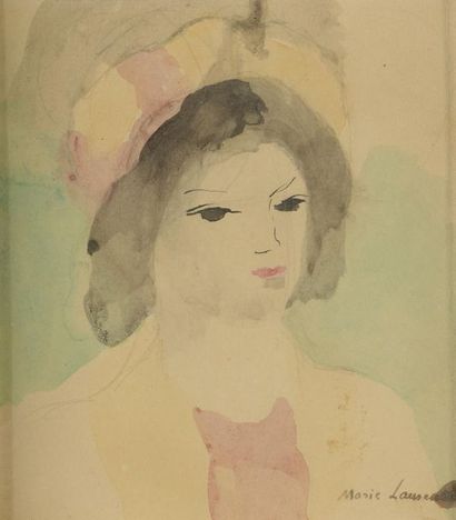 null Marie LAURENCIN (1883-1956).
Portrait de femme au chapeau.
Aquarelle signée...