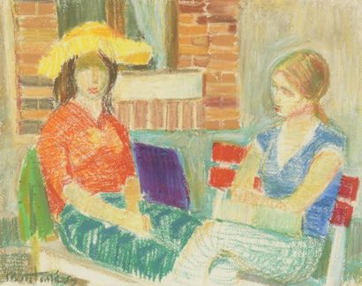 null Roger MONTANÉ (1916-2002).
Jeunes filles à la conversation.
Pastel signé et...