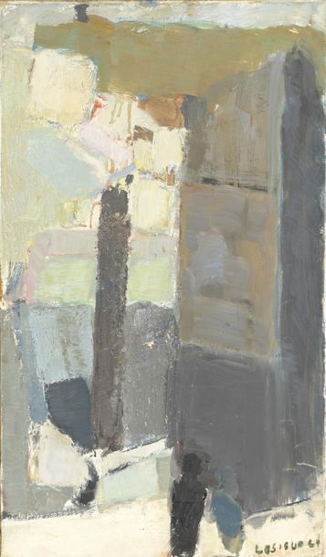 null Pierre LESIEUR (1922-2011).
Composition en gris, bleu et vert.
Huile sur toile...